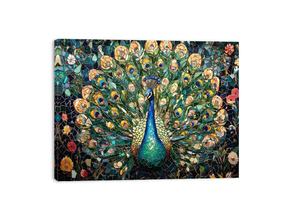 peacock mosaic premium canvas wall art for modern living room decor