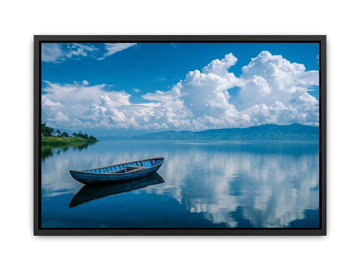 boat on tranquil lake reflection artwork for modern living room decor