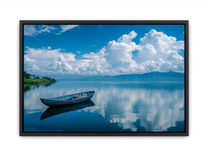 boat on tranquil lake reflection artwork for modern living room decor