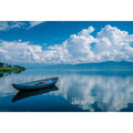 boat on tranquil lake reflection artwork for modern living room decor