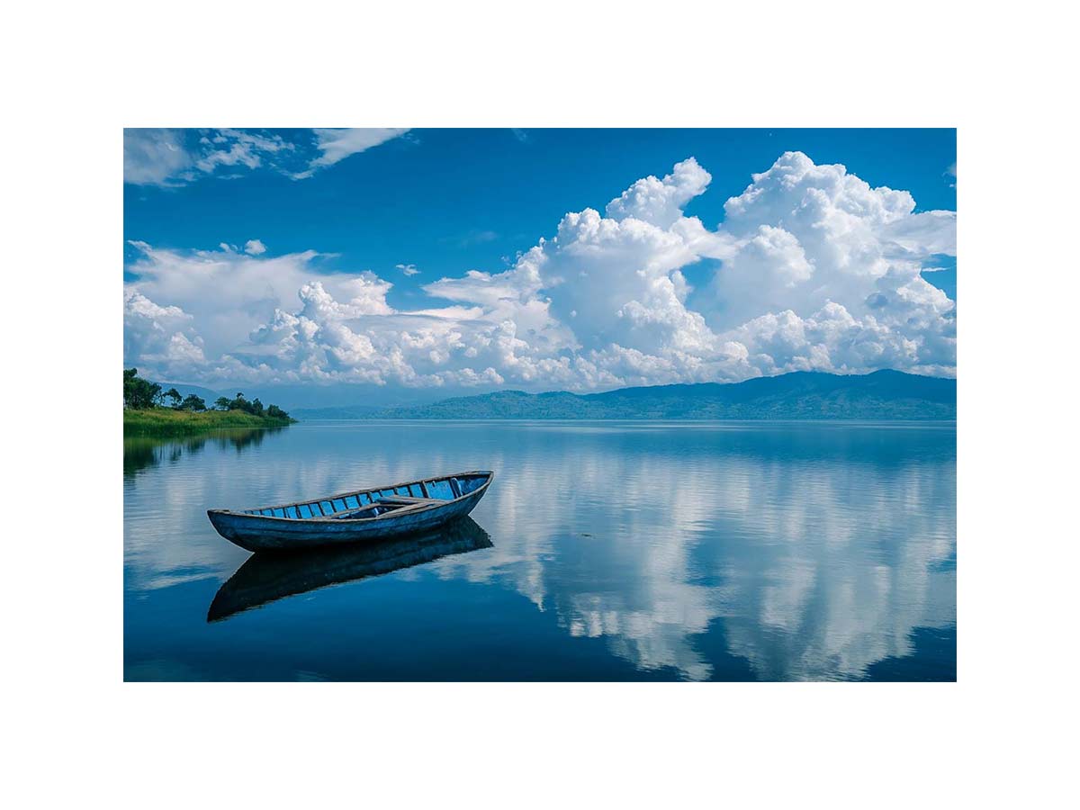 boat on tranquil lake reflection artwork for modern living room decor