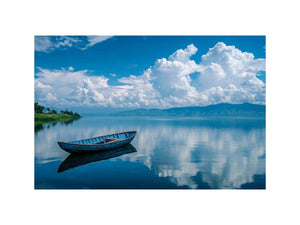 boat on tranquil lake reflection artwork for modern living room decor