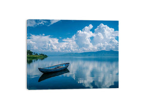 boat on tranquil lake reflection artwork for modern living room decor