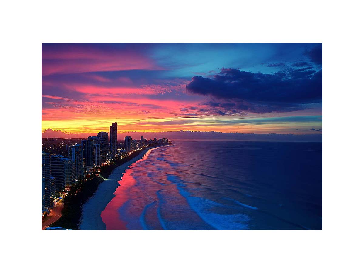 coastal skyline sunset artwork for modern living room decor