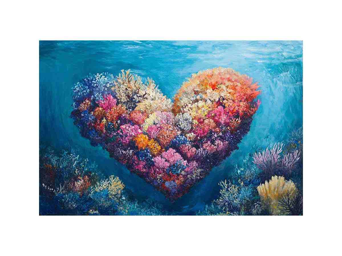 Heart shaped coral reef artwork for coastal bedroom decor