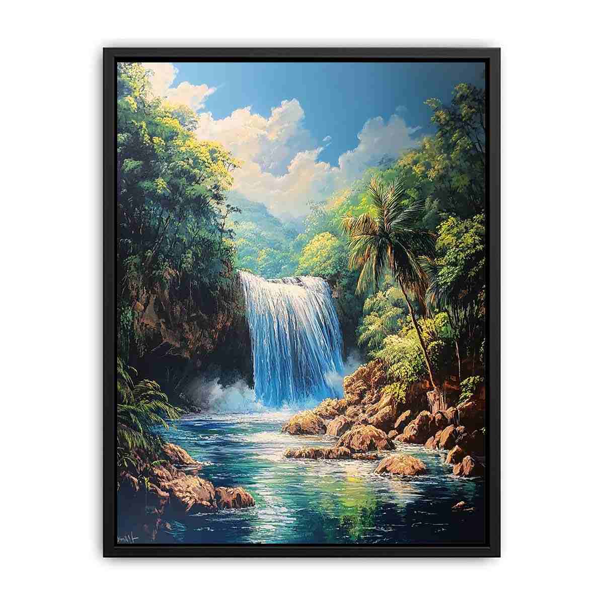 Tropical waterfall landscape artwork for serene living room decor