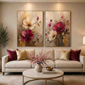 Blush and ivory floral diptych canvas art with gold accents for elegant living room decor