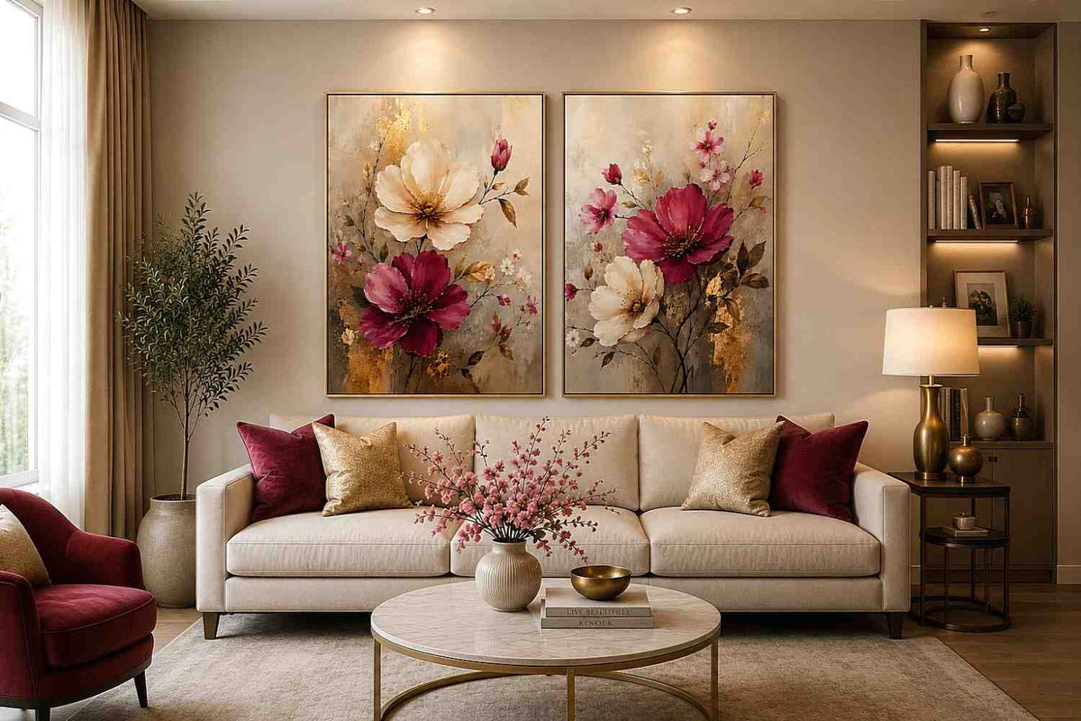 Blush and ivory floral diptych canvas art with gold accents for elegant living room decor