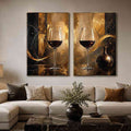 Black and gold wine glass abstract canvas art for luxury dining room and home bar decor.