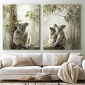 Soft koala forest diptych canvas art with eucalyptus trees for nursery or living room decor.