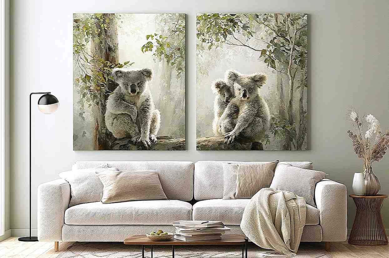 Soft koala forest diptych canvas art with eucalyptus trees for nursery or living room decor.