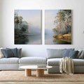 Misty river landscape diptych canvas art with trees for elegant living room decor.