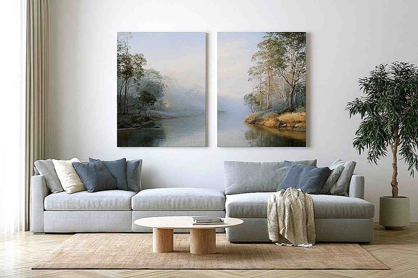 Misty river landscape diptych canvas art with trees for elegant living room decor.