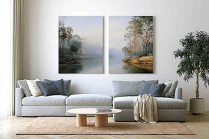 Misty river landscape diptych canvas art with trees for elegant living room decor.