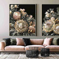 Dark floral diptych canvas art with protea roses and eucalyptus for elegant living room decor.