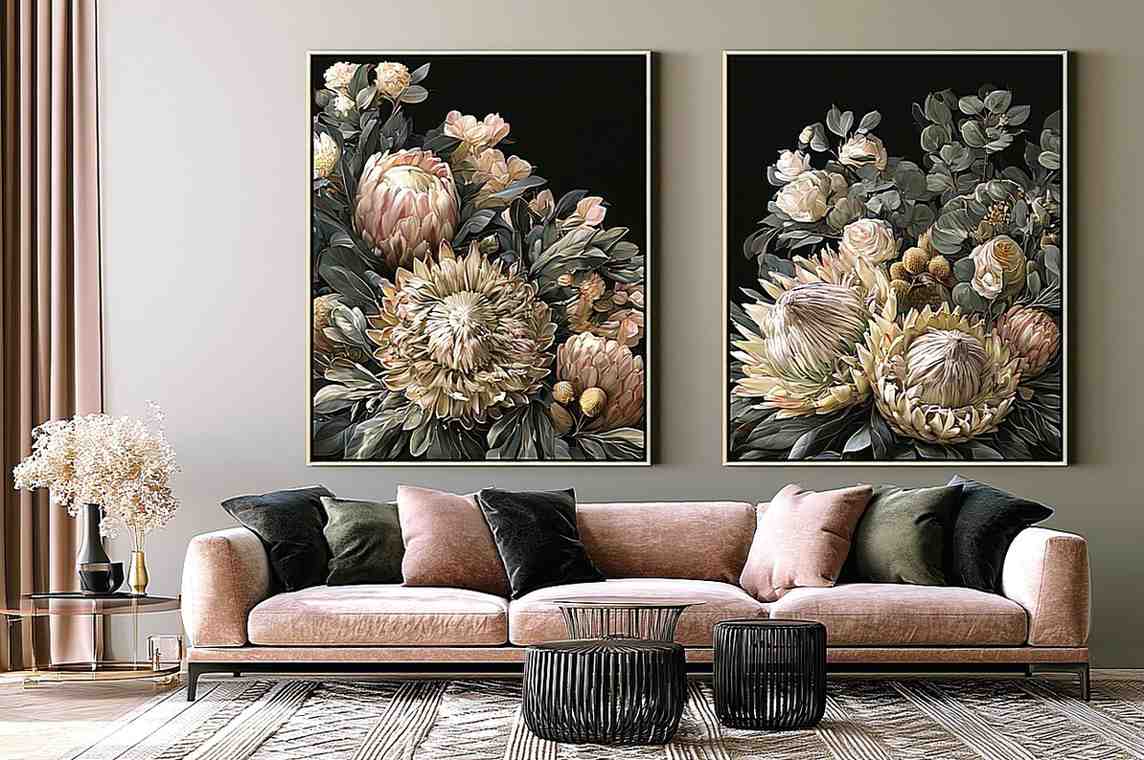 Dark floral diptych canvas art with protea roses and eucalyptus for elegant living room decor.