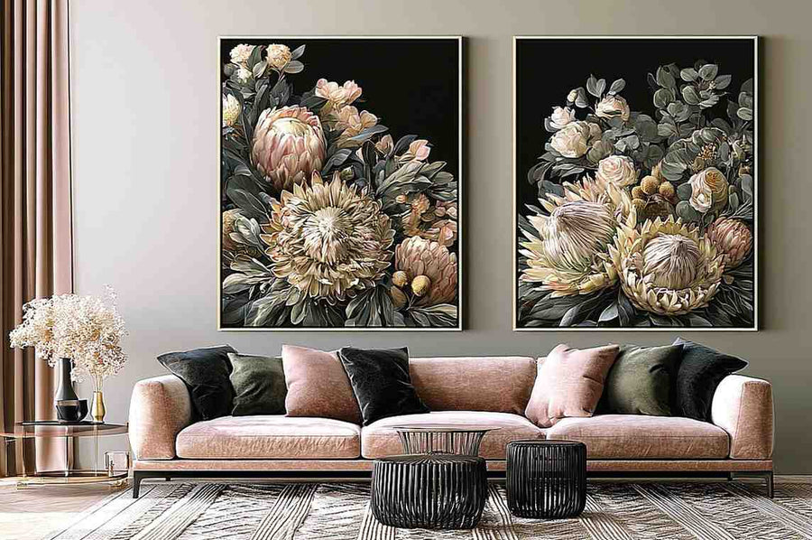 Dark floral diptych canvas art with protea roses and eucalyptus for elegant living room decor.