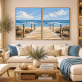 Coastal boardwalk diptych canvas art with ocean waves for modern beach house decor.