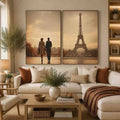 Vintage Paris diptych canvas art with Eiffel Tower and romantic couple for elegant living room decor.