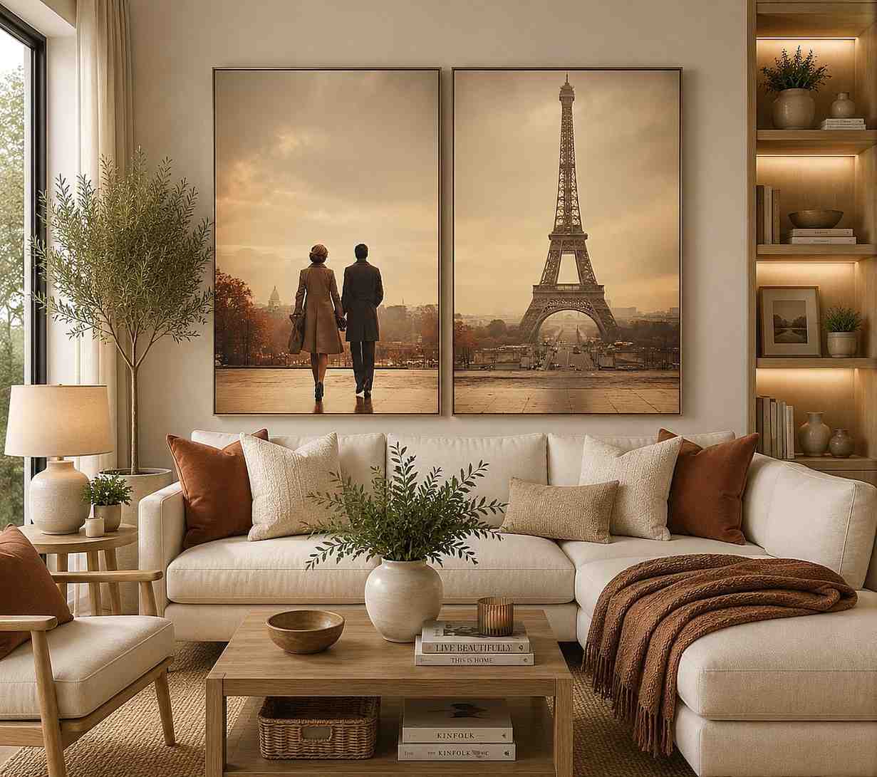 Vintage Paris diptych canvas art with Eiffel Tower and romantic couple for elegant living room decor.