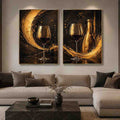 Black and gold wine glass canvas art with bottle for luxury dining room and home bar decor.
