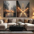 Moody Paris diptych canvas art with Eiffel Tower rain reflections and glowing street lights.