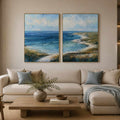 Blue coastal landscape canvas print for modern living room decor.