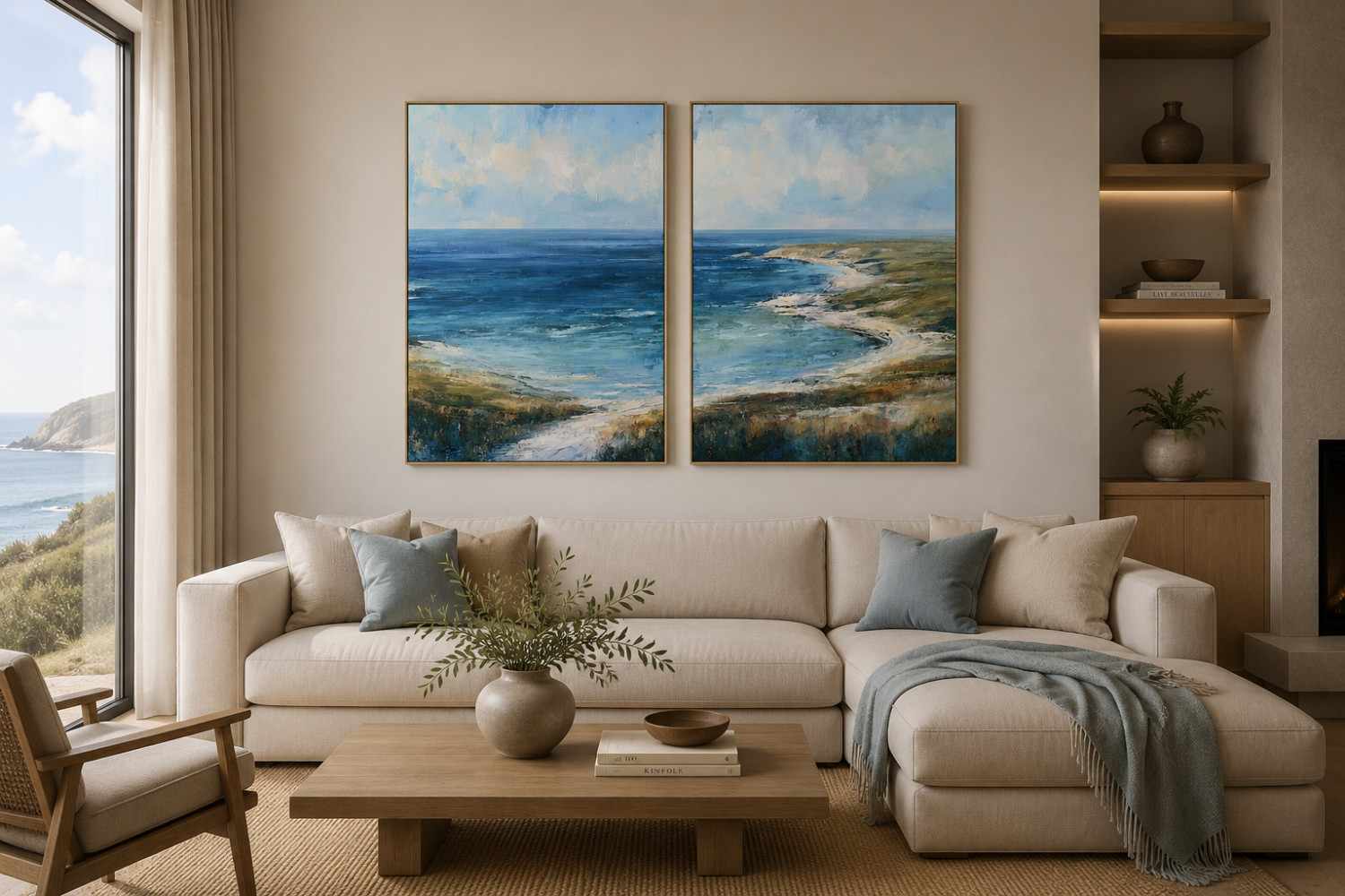 Blue coastal landscape canvas print for modern living room decor.