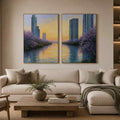Lavender cityscape canvas art for modern apartment living room decor.