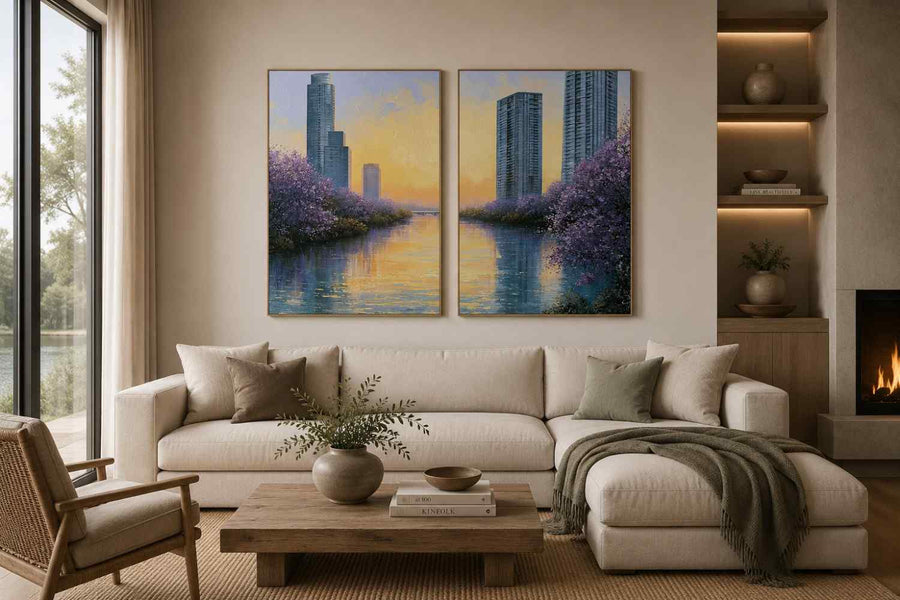 Lavender cityscape canvas art for modern apartment living room decor.
