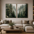 Misty evergreen forest canvas art for calm modern living room decor.
