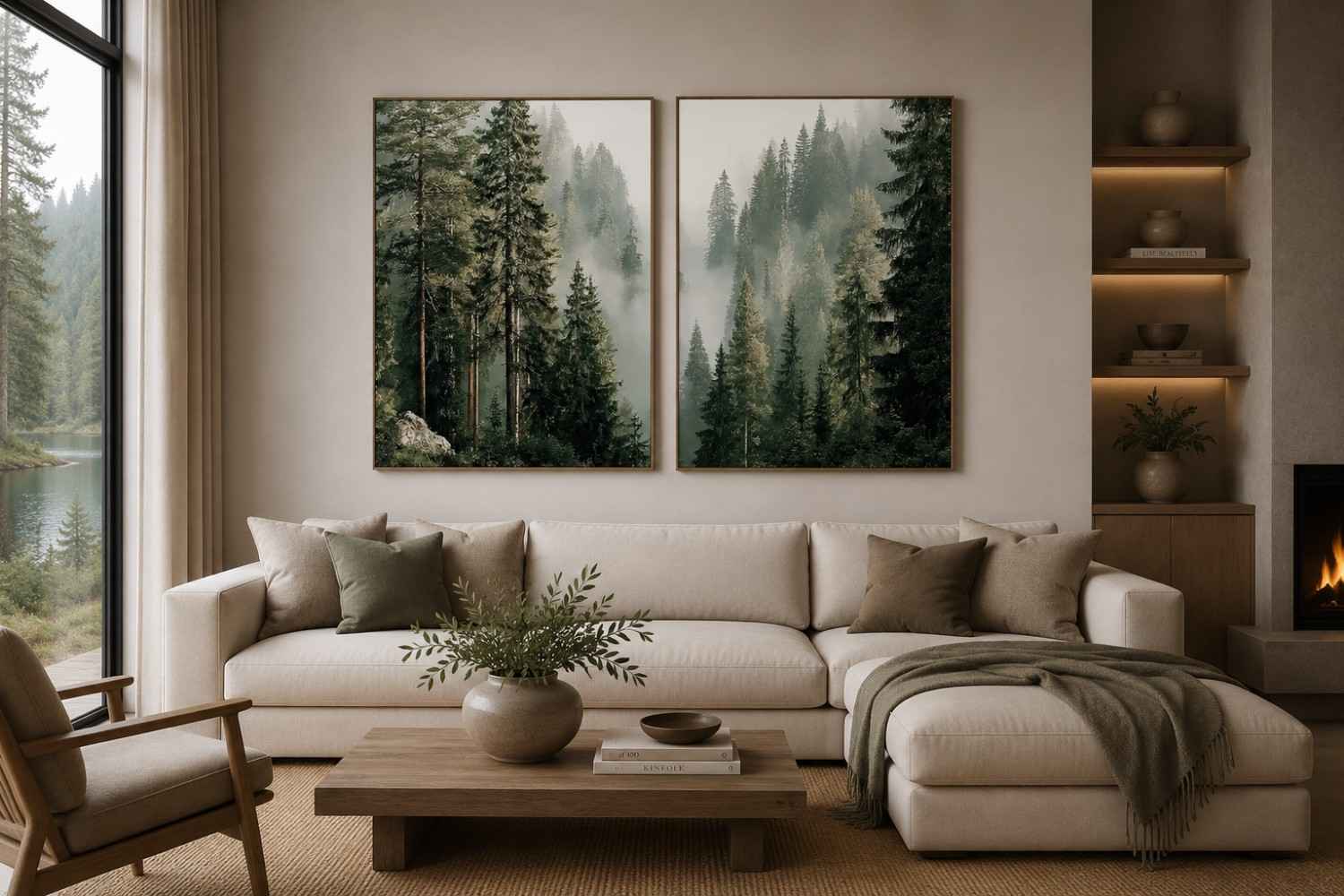 Misty evergreen forest canvas art for calm modern living room decor.