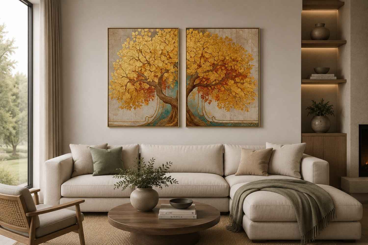 Golden tree canvas wall art for elegant luxury living room decor.