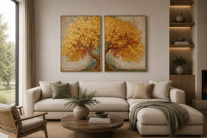 Golden tree canvas wall art for elegant luxury living room decor.