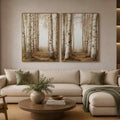 Neutral birch forest canvas art for calm bedroom wall decor.