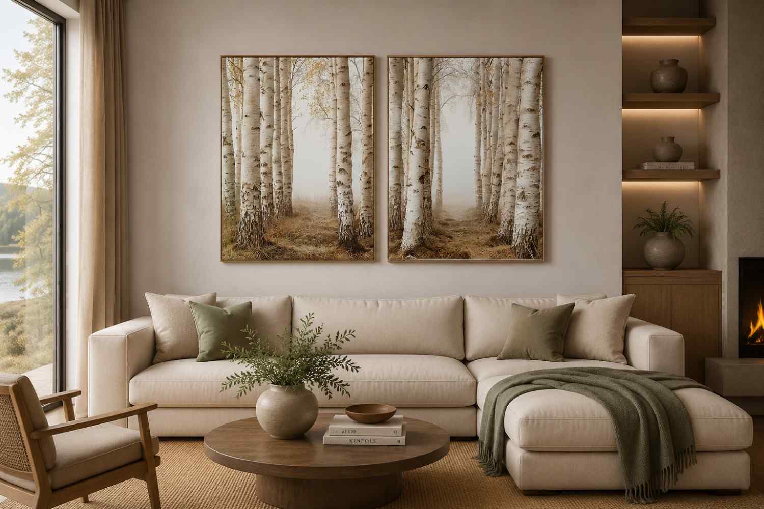 Neutral birch forest canvas art for calm bedroom wall decor.