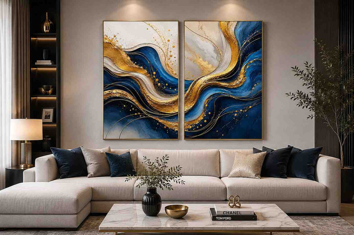 Blue and gold abstract wave canvas art for luxury modern living room decor.