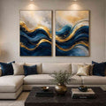 Blue and gold abstract wave canvas art for modern luxury living room decor.