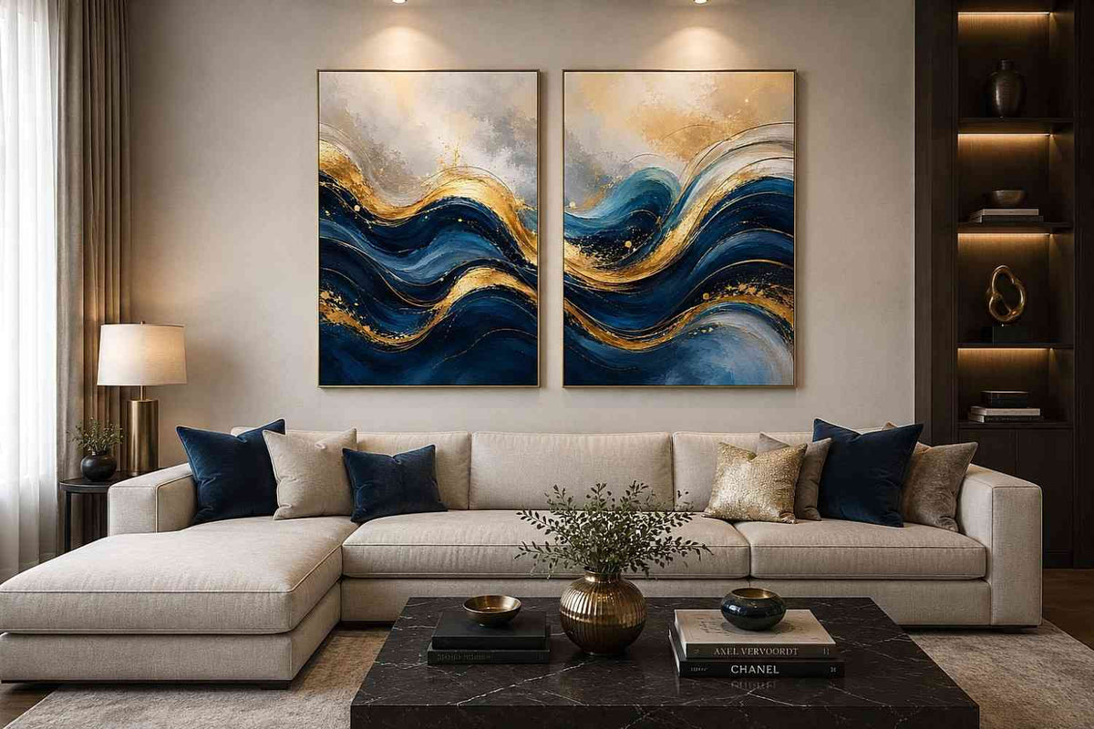 Blue and gold abstract wave canvas art for modern luxury living room decor.