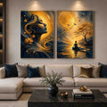 Blue and gold meditative woman canvas art with lotus, sun, birds, and calm landscape.