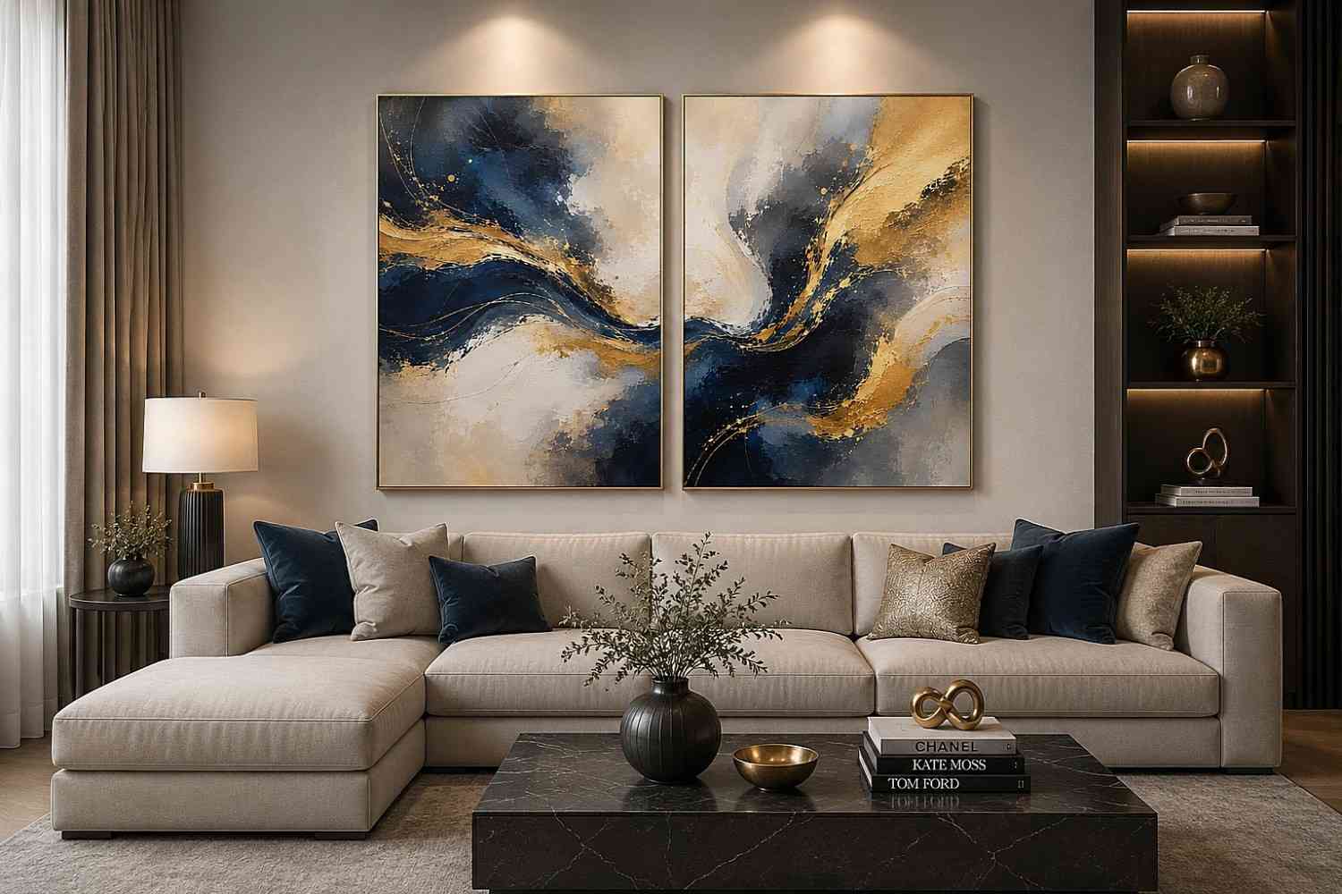 Navy blue and gold abstract canvas art with flowing texture for luxury living room decor.