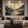 Blue and gold mountain lake canvas art with sun, birds, trees, and calm water for living room decor.
