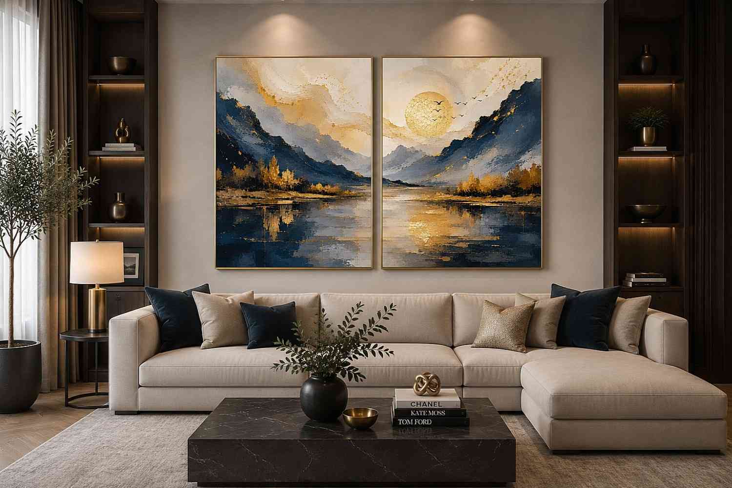 Blue and gold mountain lake canvas art with sun, birds, trees, and calm water for living room decor.
