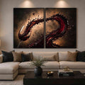 Red wine splash canvas art with glass for modern dining room and home bar decor.