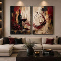 Red wine canvas art with grapes, bottle, and wine glasses for dining room and home bar decor.