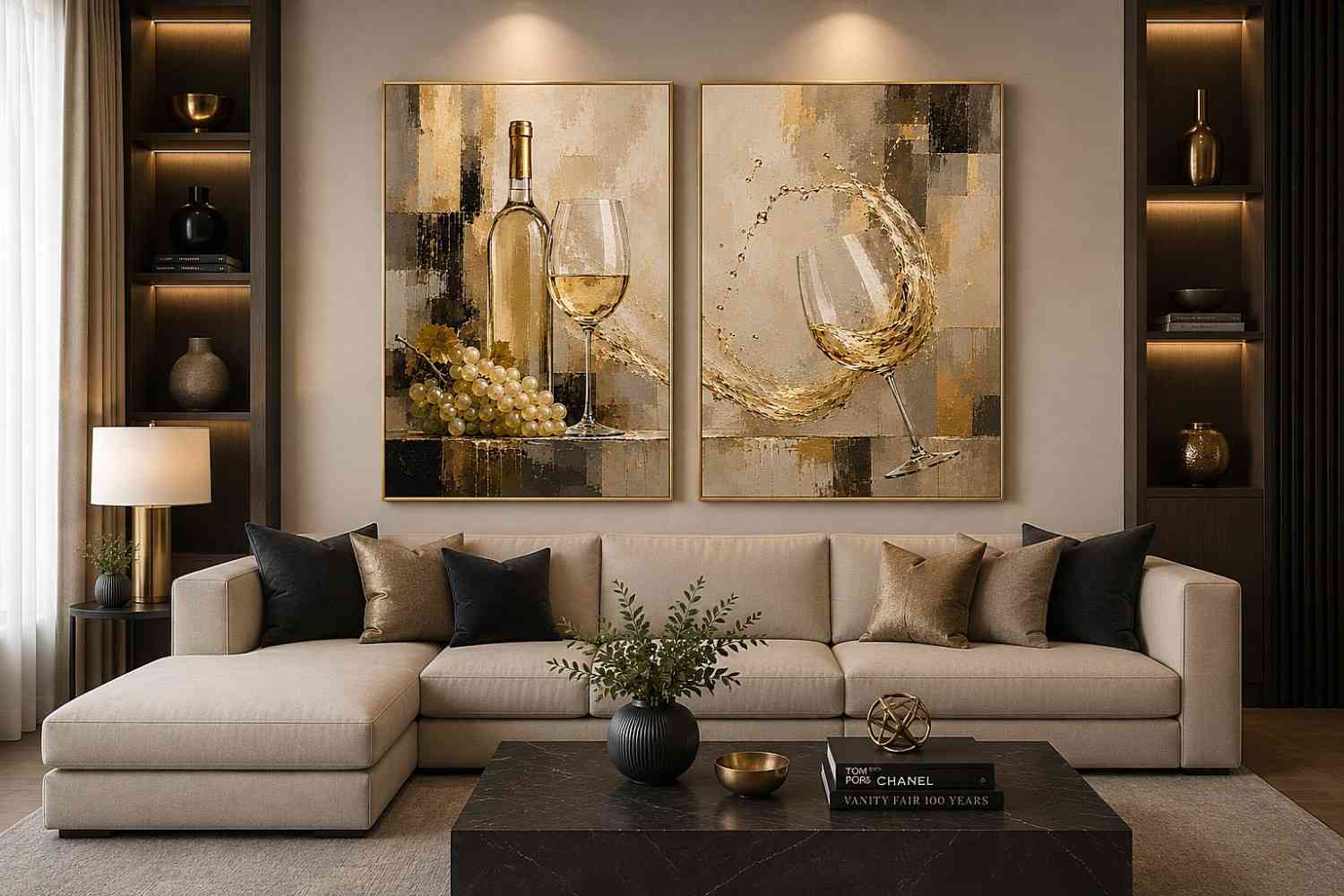White wine canvas art with grapes, bottle, and glassware for elegant dining room and home bar decor.