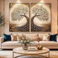 Golden tree of life diptych canvas art with intertwined roots for luxury living room decor