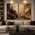 Red and white wine canvas art with bottles, glasses, grapes, and vine leaves for dining room decor.