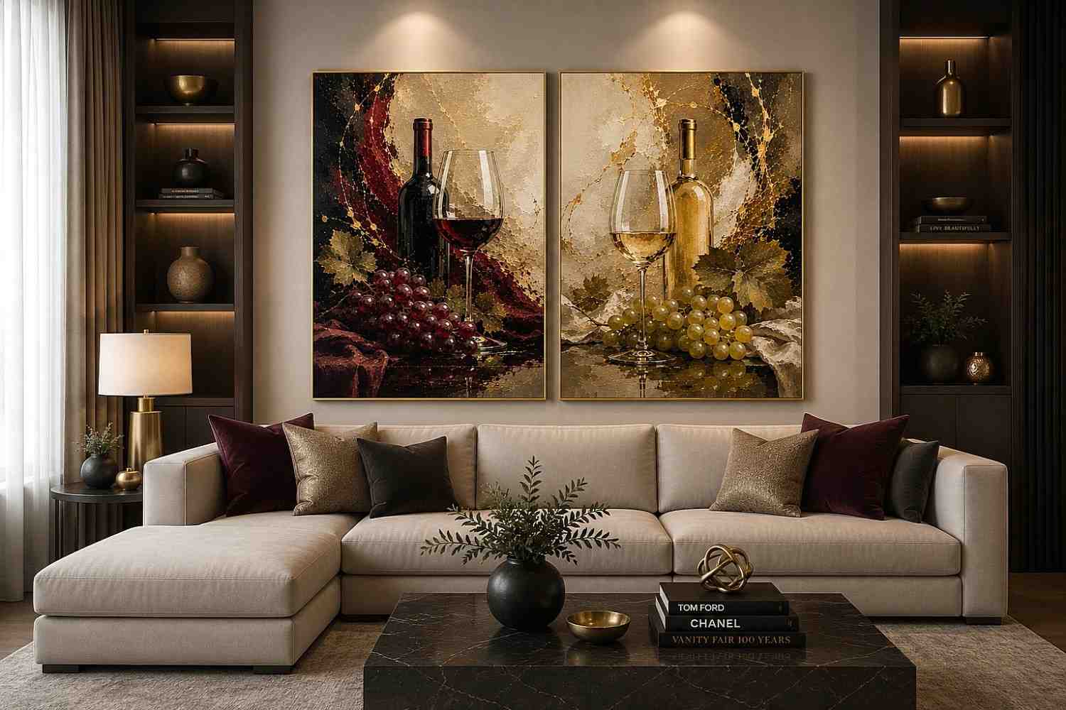 Red and white wine canvas art with bottles, glasses, grapes, and vine leaves for dining room decor.