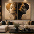 Abstract female profile diptych canvas art in black, beige and gold for luxury living room decor.
